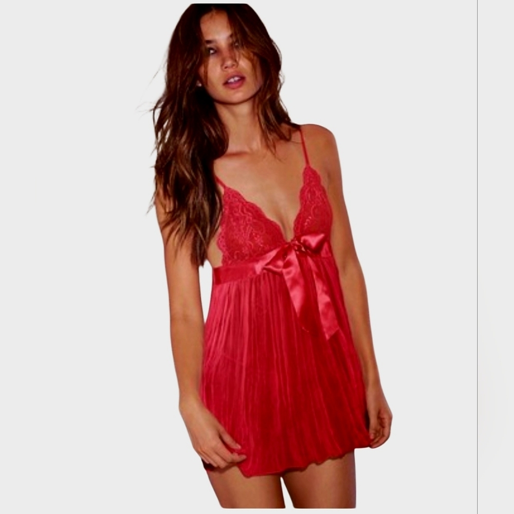 Victoria's Secret Lingerie Babydoll Teddy Red Set Medium Lace Satin V-String